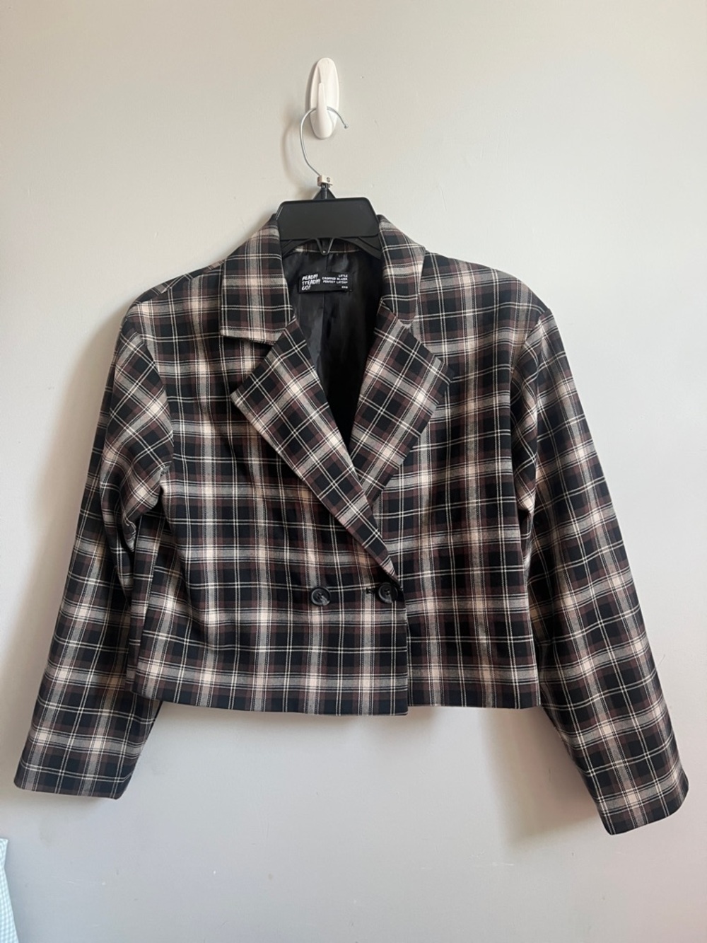 Cropped Double-Breasted Plaid Blazer Jacket - Black & Taupe